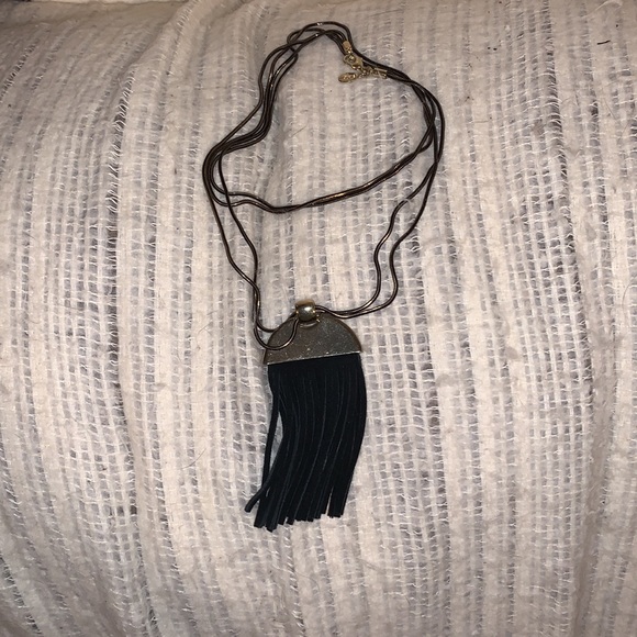 Express Double Chain with Silvertone and Black Fringe Necklace - Picture 4 of 4